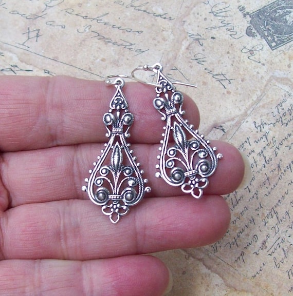 Silver Victorian Earrings, Filigree Earrings, Silver Earrings, sterling,, hooks, vintage style, dangle, fall fashion, open