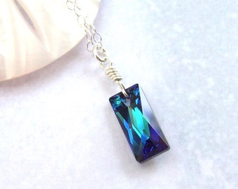 Blue Sapphire Necklace, Cobalt Necklace, sterling silver, deep sapphire, bermuda, baguette, Swarovski crystal, prism, geometric