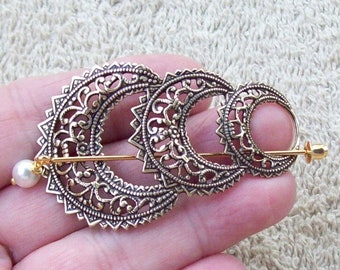 Crescent Moon Shawl Pin, gold Lapel Pin, gold shawl pin, stick pin, gold moon, fall fashion, brass scarf pin, 3 moons, filigree