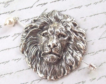 Silver Lion Shawl Pin, Lion Scarf Pin, Silver Shawl Pin, Lion pin, lion head, oxidized, stick pin, big cat, animal, africa