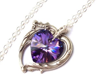 Amethyst Necklace, Victorian Heart Necklace, purple heart crystal, wire wrapped, amethyst heart, silver heart, pendants