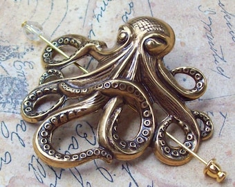 Gold Octopus Shawl Pin, Hold Stick Pin, Gold Shawl Pin, sweater pin, lapel pin, beach, goth, ocean, nautical