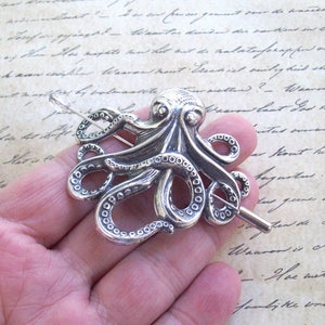 Silver Octopus Shawl Pin, Silver Stick Pin, Silver Shawl Pin, sweater pin, lapel pin, beach, goth, ocean, nautical image 3