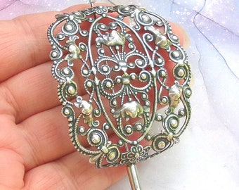 Victorian Filigree shawl pin, Silver shawl pin, sweater pin, silver pin, oxidized, flower, floral, oval