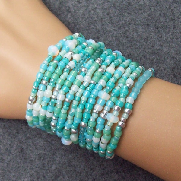 Sale Wave Crest Aqua Wrap Bracelet, blue beaded wrap, aquamarine, seafoam green, long wrap bracelet, gemstone, long beaded necklace, boho,