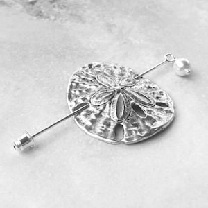 Sand Dollar Shawl Pin, Silver Lapel Pin, Hat Pin, silver shawl pin, tropical, ocean, oxidized, fashion, stick pin, scarf pin, swarovski