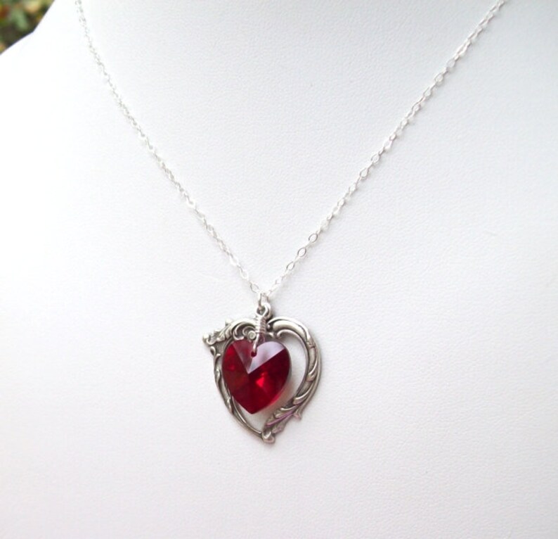 Ruby Necklace, Victorian Heart Necklace, valentines, sterling silver, siam ruby heart, crystal, July birthstone, fashion, siam red image 5