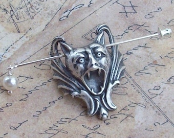 Silver Gargoyle Shawl Pin, Mythical Scarf Pin, Silver Shawl Pin, sweater pin, goth, gothic, fall fashion, hat pin