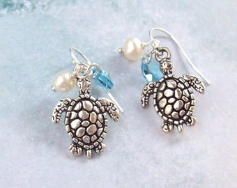 Sea Turtle Earrings, Tropical Earrings, Sterling Silver Earrings, aqua blue, hooks, freshwater pearls, seaturtle, summer