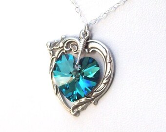 Sapphire Necklace, Victorian Heart Necklace, Valentines Necklace, Bermuda Blue, Crystal, wire wrapped, spring fashion