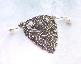Celtic Shawl Pin, Silver Celtic Scarf Pin, lapel pin, Celtic Pin, swarovski, celtic scroll, silver shawl pin, matte silver