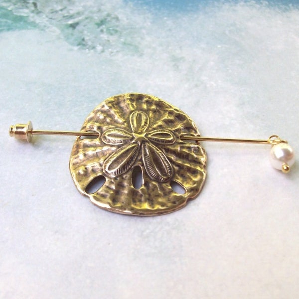 SALE Sand Dollar Shawl Pin, Gold Lapel Pin, Hat Pin, gold shawl pin, tropical, brass, ocean, oxidized, stick pin, scarf pin, swarovski