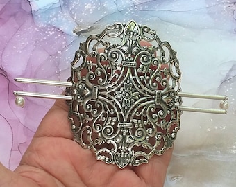 Lg Celtic Hair Slide, Victorian Filigree Hair Slide, silver, cross, large hair stick, 2 pins, hair pin, oxidized, fall fashion, round