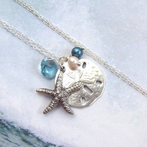 Starfish Necklace, Sand Dollar Necklace, Tropical Necklace, sterling silver, aqua, swarovski, blue, beach, fashion, women