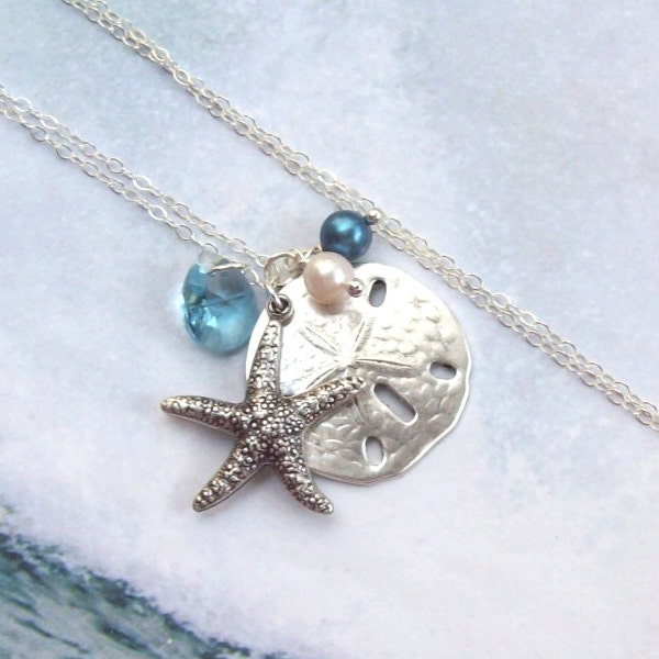 Starfish Necklace, Sand Dollar Necklace, Tropical Necklace, sterling silver, aqua, swarovski, blue, beach, fashion, women