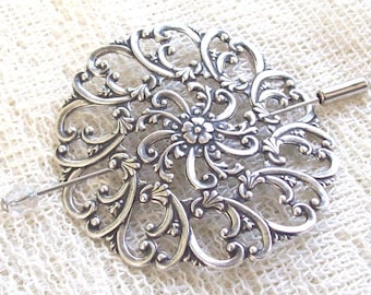 Filigree Shawl Pin, Silver Shawl Pin, silver scarf pin, lapel pin, oxidized, stick pin, floral, fall fashion, round