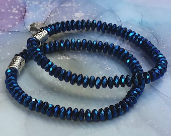 SALE 2 Stretch Sapphire Blue Bracelets, sapphire hematite, stretch bracelet, peacock blue, stacking bracelet, faceted, silver, beaded