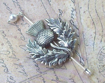 Silver Scottish Thistle Shawl Pin, Branch Scarf Pin, silver shawl pin, shawl pin, oxidized, stick pin, organic, woodland, leafy, leaves