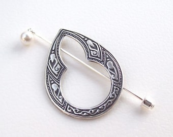 Silver Celtic Scarf Pin, Celtic Shawl Pin, Hair slide, lapel pin, stick pin, hat pin, spring fashion, silver shawl pin, white perl, matte