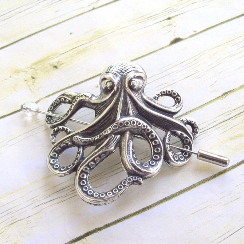 Silver Octopus Shawl Pin, Silver Stick Pin, Silver Shawl Pin, sweater pin, lapel pin, beach, goth, ocean, nautical image 5