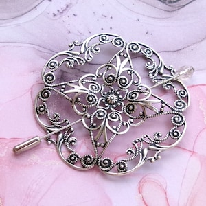 Victorian Filigree Shawl Pin, Silver Shawl Pin, silver scarf pin, lapel pin, oxidized, stick pin, scroll, fall fashion, round image 1