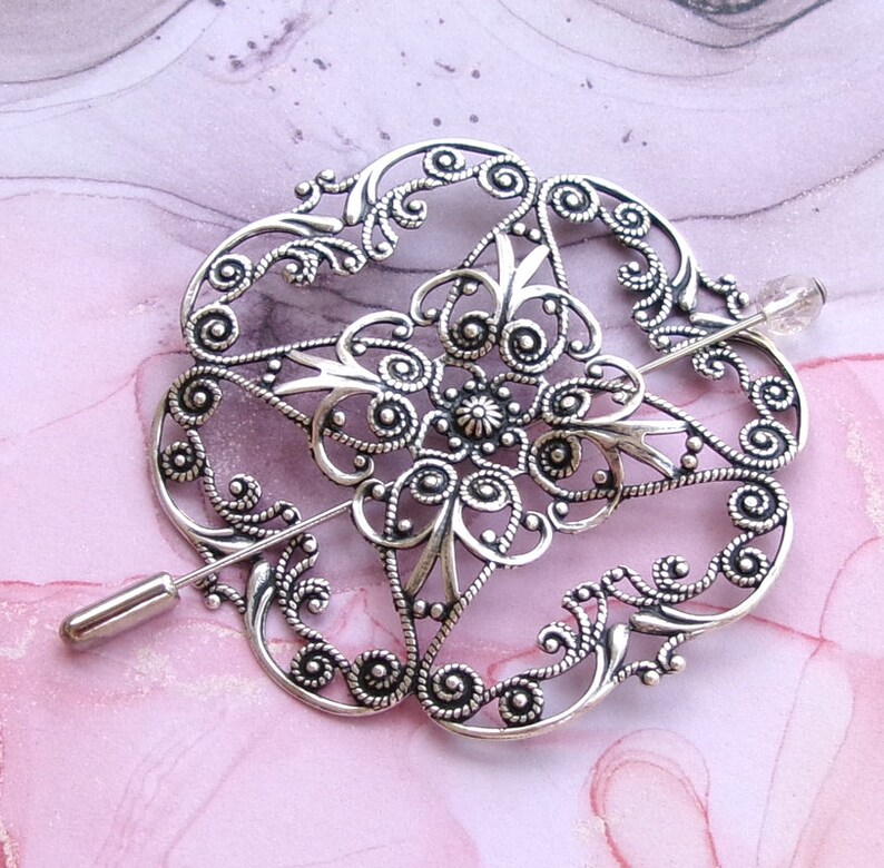 Victorian Filigree Shawl Pin, Silver Shawl Pin, silver scarf pin, lapel pin, oxidized, stick pin, scroll, fall fashion, round image 1