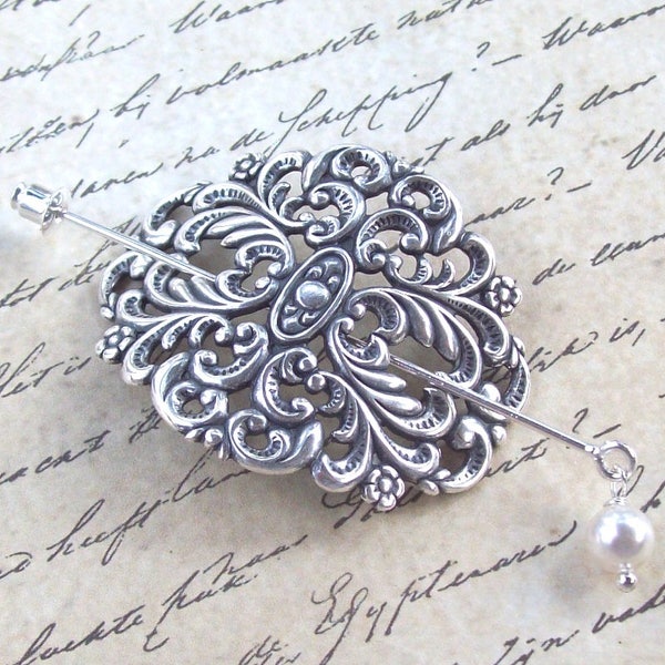 Victorian Shawl Pin, Oval Filigree Scarf Pin, Stick pin, lapel pin, fashion, silver shawl pin, flourish, floral