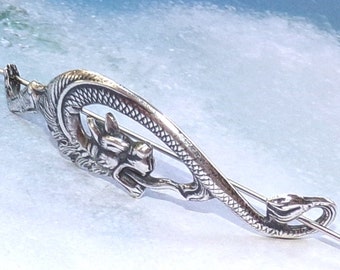Dragon Shawl Pin, Dragon Scarf Pin, Silver Shawl Pin, sweater pin, hair slide, silver dragon, barrette, fall fashion, hat pin