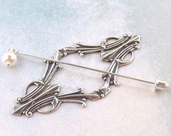 Art Deco Shawl Pin, Silver Shawl Pin, silver scarf pin, sweater pin, stick pin, lapel pin, oxidized, pearl, fall fashion, oxidized, open