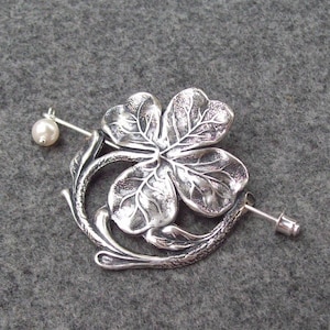 Shamrock Shawl Pin, Celtic Lapel Pin, Silver Hat Pin, silver shawl pin, 4 leaf clover, good luck, four, spring fashion, stick pin, scarf pin