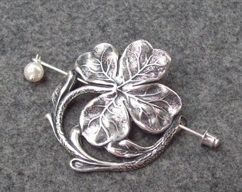 Shamrock Shawl Pin, Celtic Lapel Pin, Silver Hat Pin, silver shawl pin, 4 leaf clover, good luck, four, spring fashion, stick pin, scarf pin