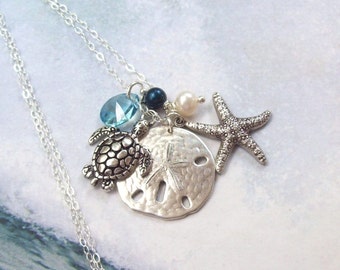 Sea Turtle Necklace, Sand Dollar Necklace, Starfish Necklace, Tropical Necklace, sterling silver, aqua, pearl, Swarovski, nautical