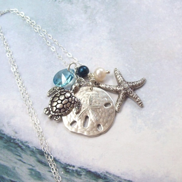Sea Turtle Necklace, Sand Dollar Necklace, Starfish Necklace, Tropical Necklace, sterling silver, aqua, pearl, ocean, nautical