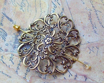 Filigree Shawl Pin, Gold Shawl Pin, golden scarf pin, lapel pin, oxidized, stick pin, floral, fall fashion, round