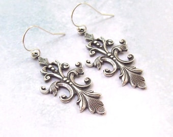 Victorian Earrings, Fleur De Lis Earrings, Dangle Earrings, french hooks, vintage style, fall fashion, sterling silver earrings, 925