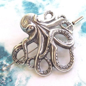 Silver Octopus Shawl Pin, Silver Stick Pin, Silver Shawl Pin, sweater pin, lapel pin, beach, goth, ocean, nautical image 1