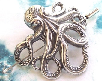 Silver Octopus Shawl Pin, Silver Stick Pin, Silver Shawl Pin, sweater pin, lapel pin, beach, goth, ocean, nautical