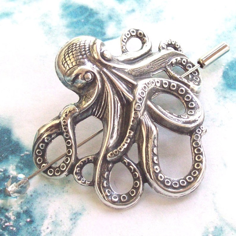 Silver Octopus Shawl Pin, Silver Stick Pin, Silver Shawl Pin, sweater pin, lapel pin, beach, goth, ocean, nautical Bild 1