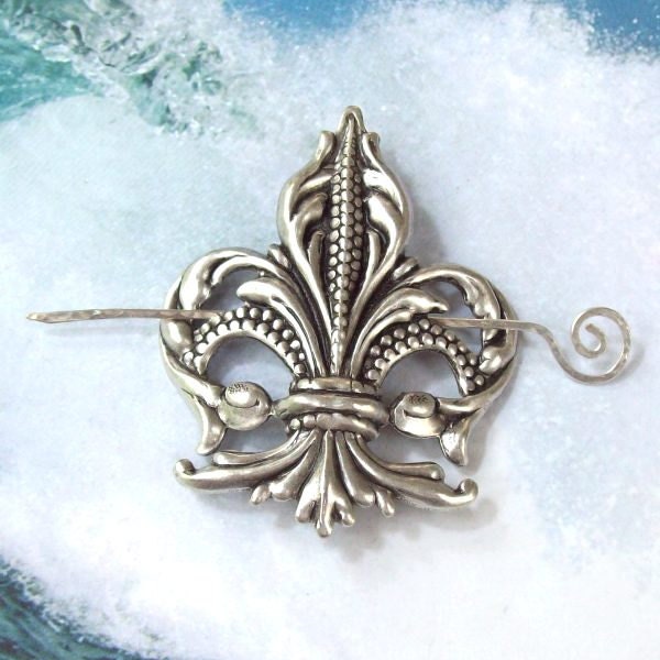 Fleur De Lis Shawl Pin, Fleur De Lis Scarf Pin, silver shawl pin, hair slide, oxidized, fall fashion, antique design, silver filled