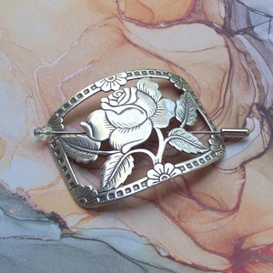 Rose Shawl Pin, Flower Scarf Pin, silver shawl pin, oxidized, victorian, spring fashion, leaf, floral