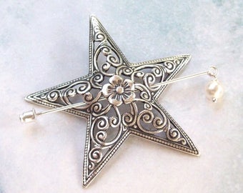 Silver Star Shawl Pin, Filigree Scarf Pin, Silver Star Sweater Pin, crystal pearl, flower, filigree, floral, lapel pin, scarf pin