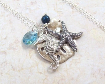 Seahorse Necklace, Sand Dollar Necklace, Starfish Necklace, Tropical Necklace, sterling silver, silver sand dollar, beach, aqua, fw pearl