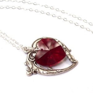 Ruby Necklace, Victorian Heart Necklace, valentines, sterling silver, siam ruby heart,  crystal, July birthstone, fashion, siam red