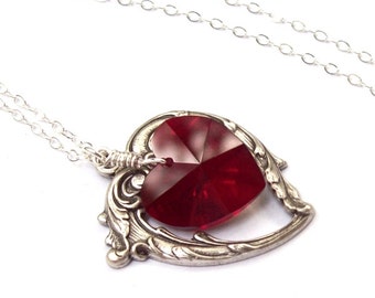 Ruby Necklace, Victorian Heart Necklace, valentines, sterling silver, siam ruby heart,  crystal, July birthstone, fashion, siam red