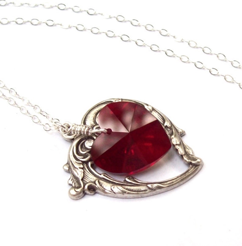 Ruby Necklace, Victorian Heart Necklace, valentines, sterling silver, siam ruby heart, crystal, July birthstone, fashion, siam red image 1