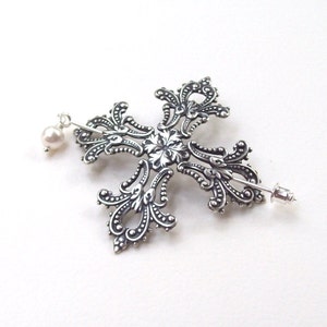 Gothic Cross Shawl Pin, Silver Lapel Pin, Goth, hair Slide, silver shawl pin, sweater pin, hat pin, fashion, silver scarf pin