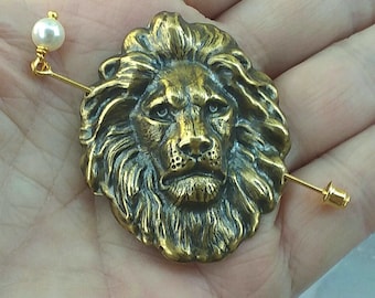Gold Lion Shawl Pin, Lion Scarf Pin, Gold Shawl Pin, Lion pin, lion head, oxidized, stick pin, brass, big cat, animal, africa,  fall