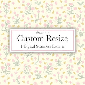 May include: A digital seamless pattern with a repeating floral design. It features pink flowers, green stems, and yellow butterfly accents on a cream background. The text "JiggyJuju Custom Resize 1 Digital Seamless Pattern" is displayed in a white box.