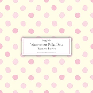 May include: A seamless pattern with watercolour polka dots in shades of pink on a cream background. The image includes a rectangular label with the text "JiggyJuju Watercolour Polka Dots Seamless Pattern" and "Commercial Licence included".