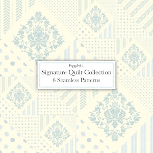 Duck Egg Blue Patchwork Quilt | 6 Patterns | Damask, Stripe, Polka Dot Seamless Designs | Cottagecore